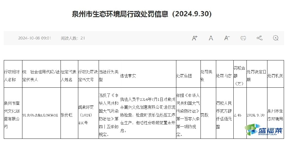 又一家企业因生产时活性炭吸附装置未开启，被罚2.45万